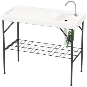 Outsunny Folding Fish Cleaning Table with Sink, Portable Camping Table with Faucet, Drainage Hose, Sprayer and Shelf, White